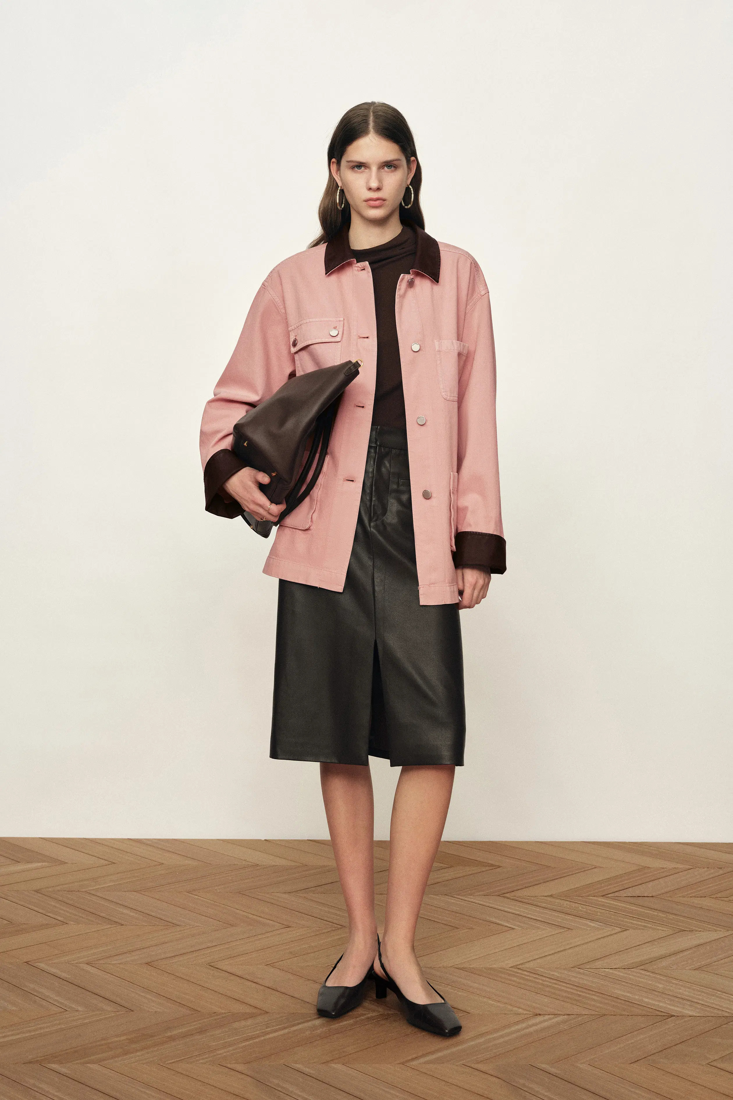 Telmo Staubrosa Lederkragen-Jacke mit Pattentaschen aus Baumwoll-Denim | Fabrique