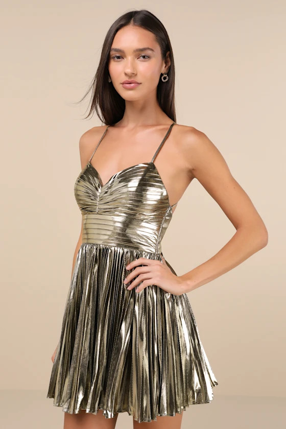 Glamorous Choice Gold Metallic Pleated Lace-Up Mini Dress | Lulus