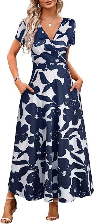 HUHOT Women's Short Sleeve Wrap V Neck Dresses for Wedding Guest Summer Floral Maxi Sundresses wi... | Amazon (US)