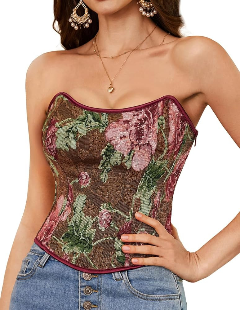 Scarlet Darkness Strapless Tops for Women Lace Up Vintage Renaissance Red Corset Bustier Bodice Red Floral Size 8 | Amazon (US)