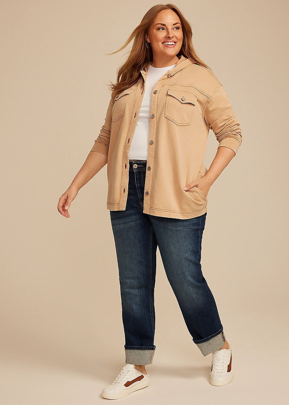 Plus Size Washed Hooded Shacket | Maurices