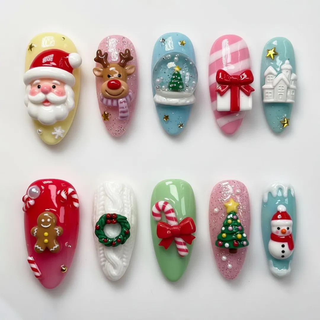 Handmade Cute Xmas Press On Nails | Gingerbread, Candy Cane, Christmas Tree, Santa & Reindeer | L... | Etsy (US)