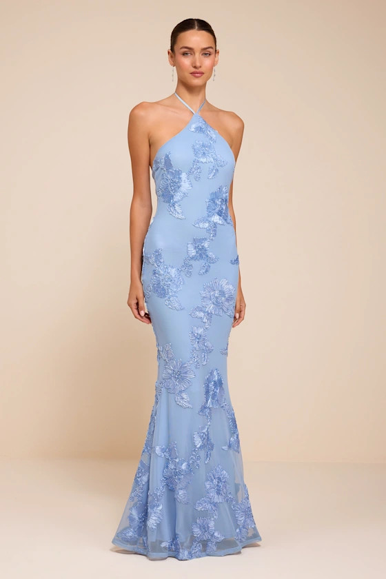 Celyna Light Blue Mesh Floral Applique Maxi Dress | Lulus