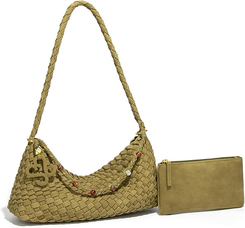 Suede Woven Shoulder Bag for Women - Small Soft Faux Leather Hobo Handbag with Pouch, Slouchy Und... | Amazon (US)