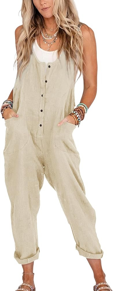 Yeokou Womens Overalls Linen Cotton Jumpsuits Loose Casual Jumpers with Pockets | Amazon (US)