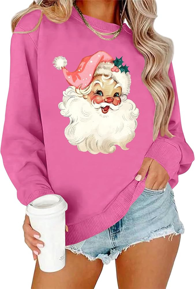 Christmas Sweatshirts for Women Retro Santa Claus Graphic Long Sleeve Shirt Xmas Pullover Tops | Amazon (US)