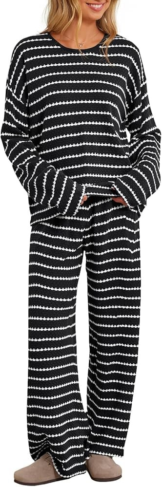 MEROKEETY Women's Two Piece Sweater Sets Trendy Striped Long Sleeve Top Wide Leg Pants Matching O... | Amazon (US)