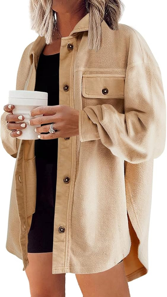 Amazon.com: Nirovien Womens Oversized Fleece Shacket Button Down Sherpa Jakcets Casual Fuzzy Coat... | Amazon (US)