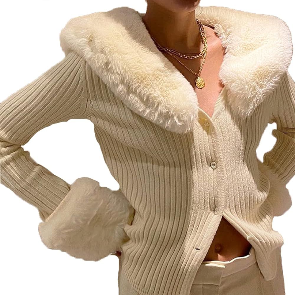 Women Sexy Knitted Crop Top Y2k Long Sleeve Detachable Fur Trim Cardigan Coat E-Girl Button Down ... | Amazon (US)
