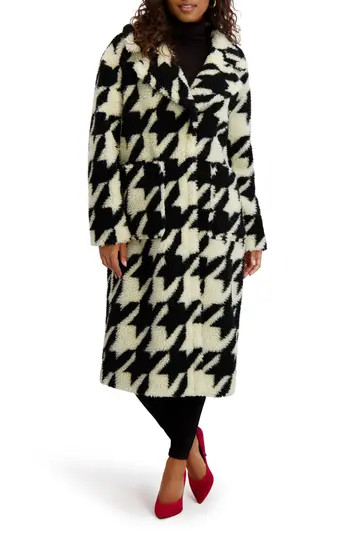 Kensie Houndstooth Faux Shearling Coat in Black/White at Nordstrom Rack, Size Small | Nordstrom Rack