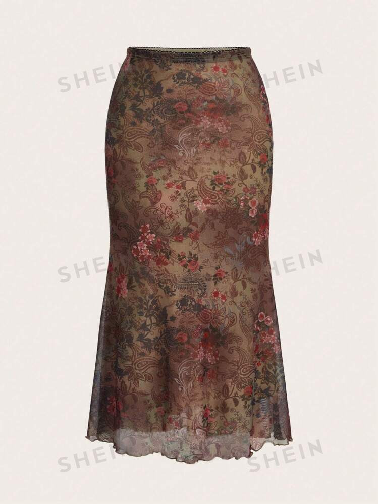 ROMWE PUNK Grunge Floral & Paisley Print Lettuce Trim Mesh Overlay Mermaid Hem Skirt | SHEIN