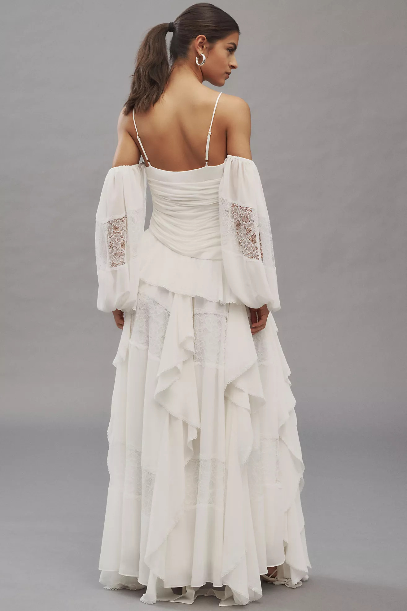 BHLDN Removable Sleeve Lace Chiffon Ruffled Maxi Dress | Anthropologie (US)