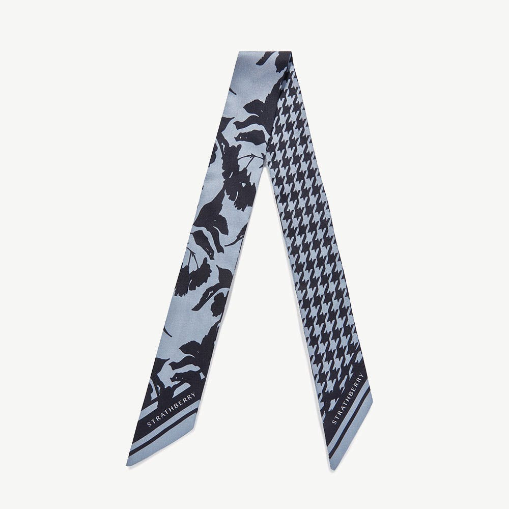 Silk Skinny Scarf - Dusky Blue/Black Floral Dogstooth | Strathberry