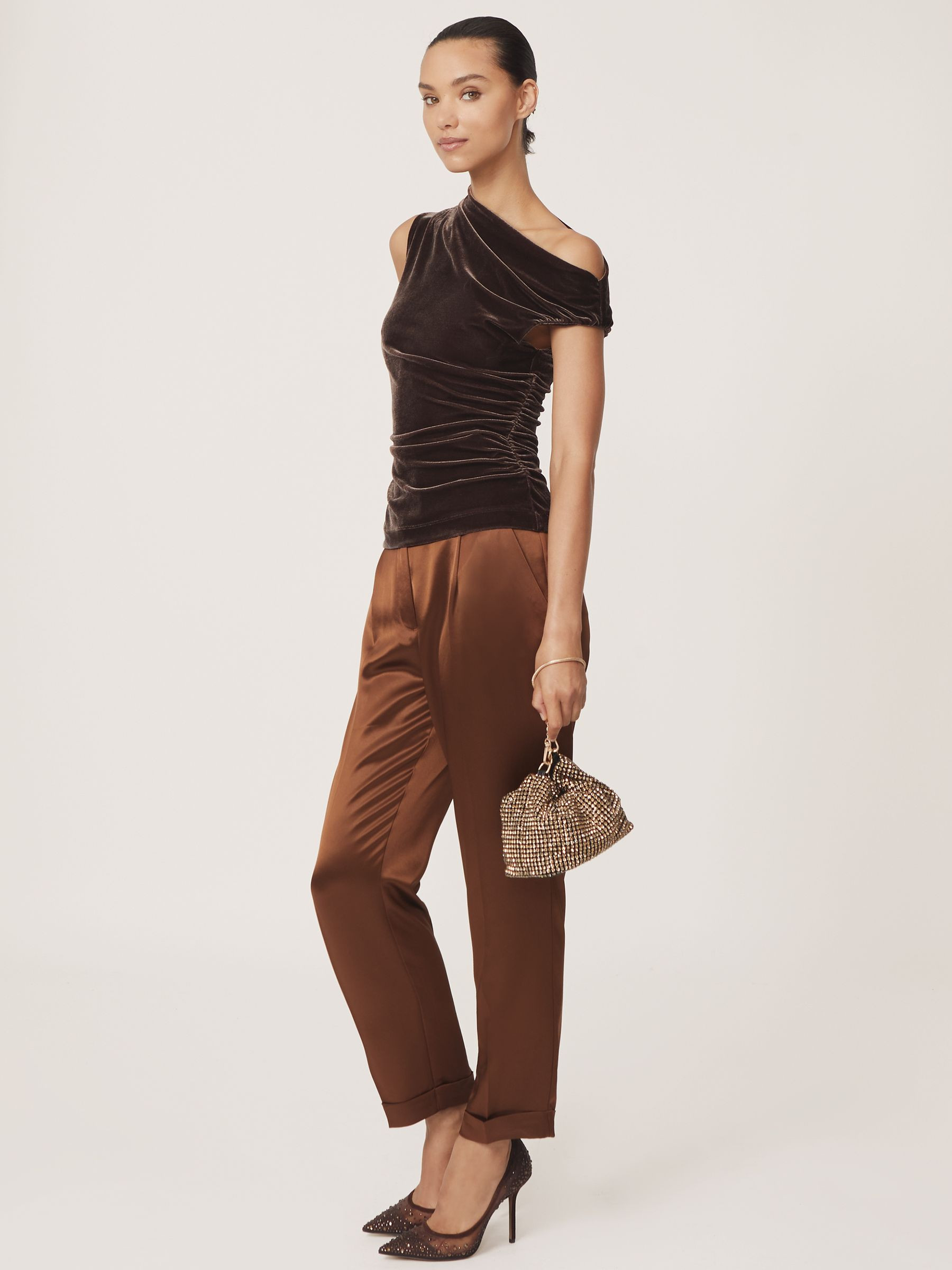Reiss Velvet Off-Shoulder Top in Chocolate Brown - REISS | Reiss UK