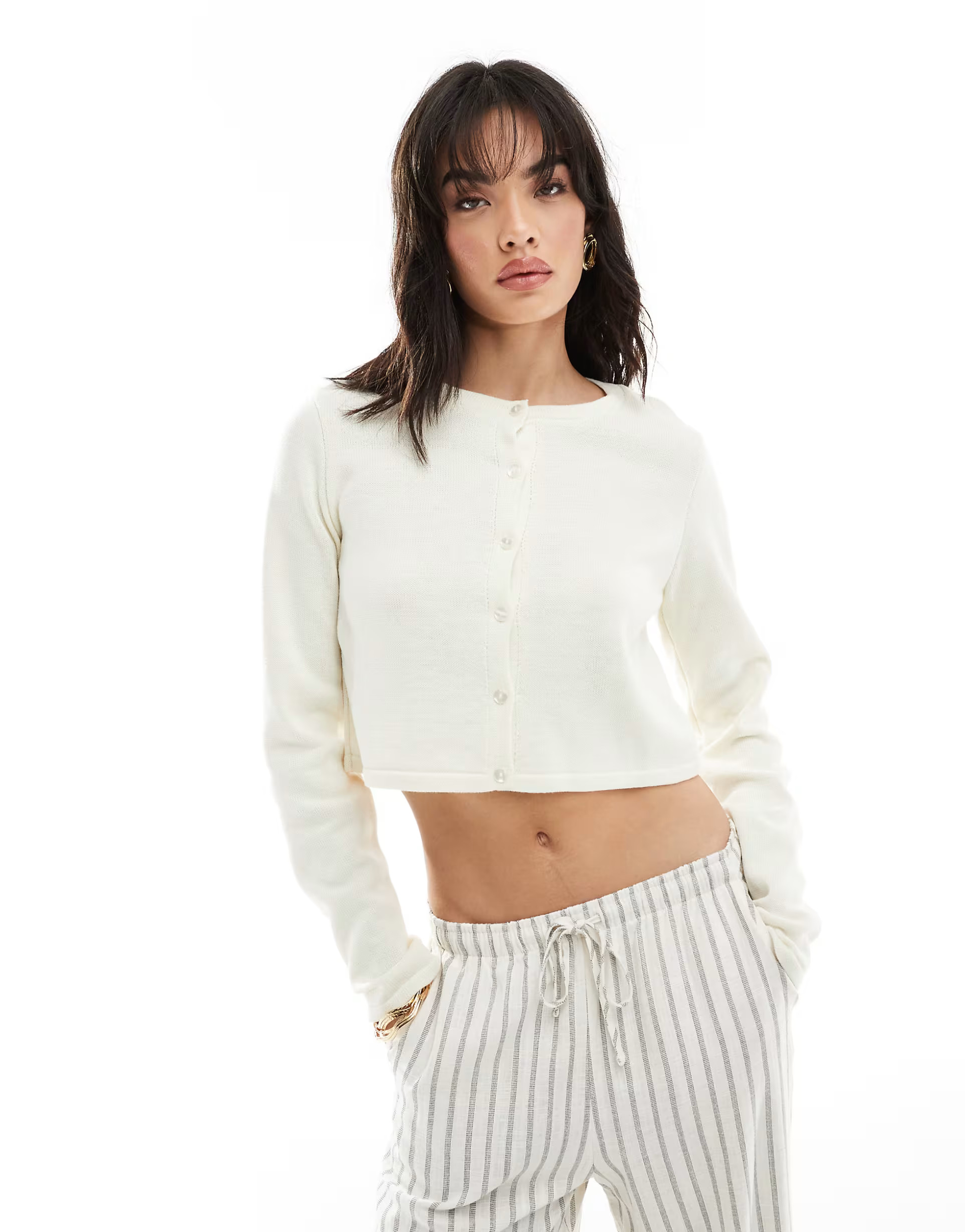 ASOS DESIGN knitted crew neck cropped cardigan in cream | ASOS (Global)