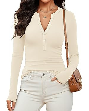 Prettywear Womens Long Sleeve Henley Shirts 2025 Fall Clothes Fitted Casual Work Basic Cute Tops ... | Amazon (US)