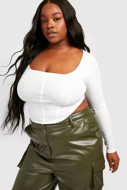 Plus Rib Long Sleeve Corset Top | Boohoo.com (US & CA)