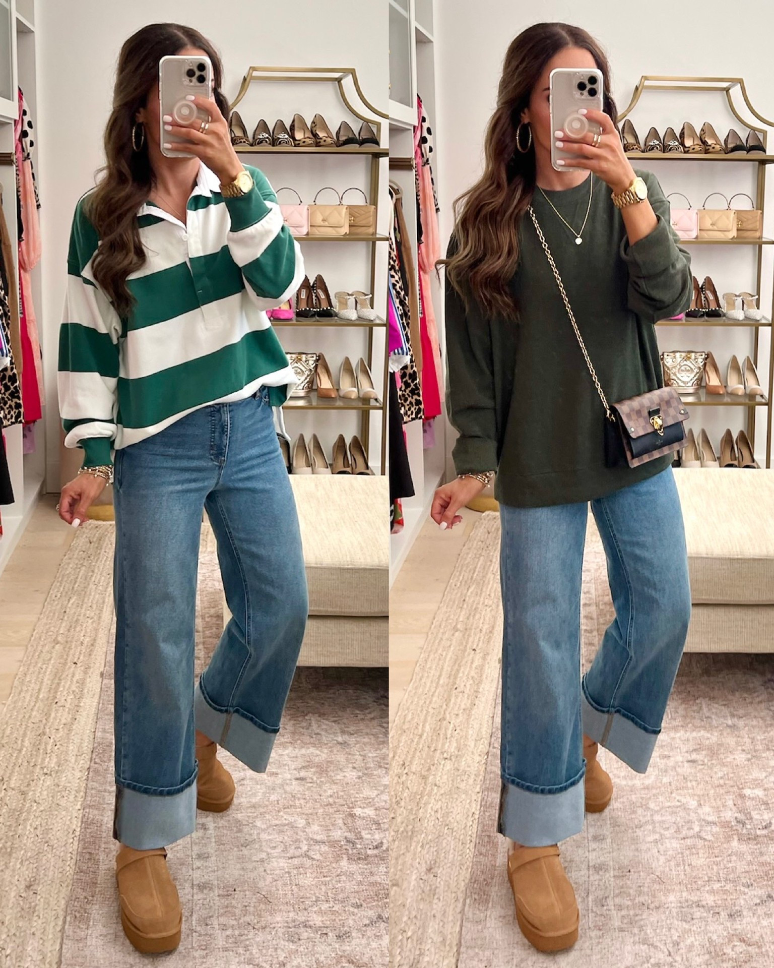 Size small in the striped top and sized up to a M in the solid green sweatshirt. More colors too!! These clogs also come in black! So comfy!! 