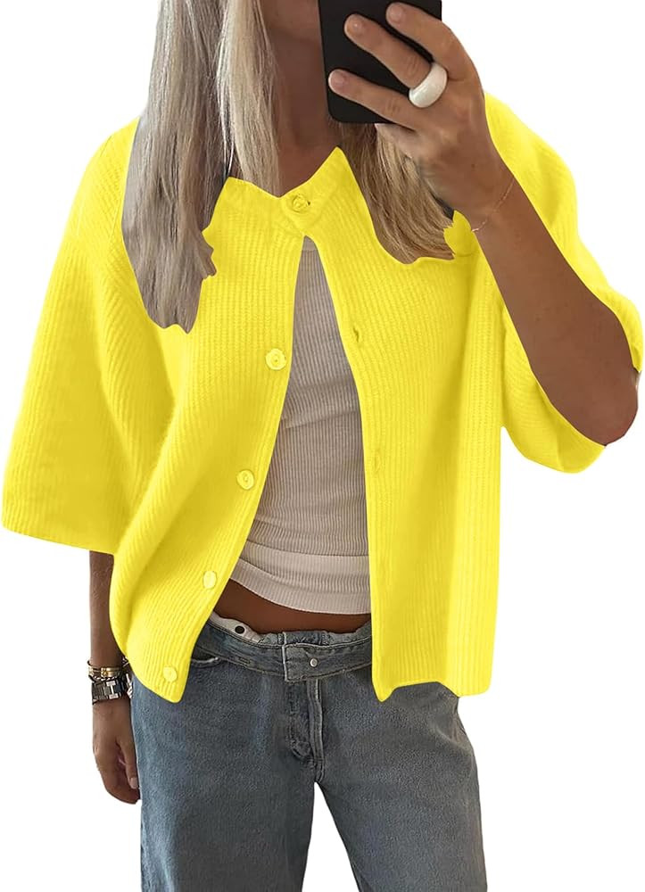 Lomon Womens Spring Summer Short Sleeve Cardigan Sweaters Trendy Crew Neck Button Down Lightweigh... | Amazon (US)