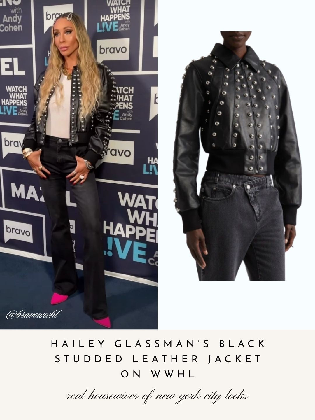 Hailey Glassman’s Black Studded Leather Jacket on WWHL 📸 = @bravowwhl