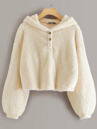 SHEIN Plush Faux Fur Buttoned Teddy Hoodie | SHEIN