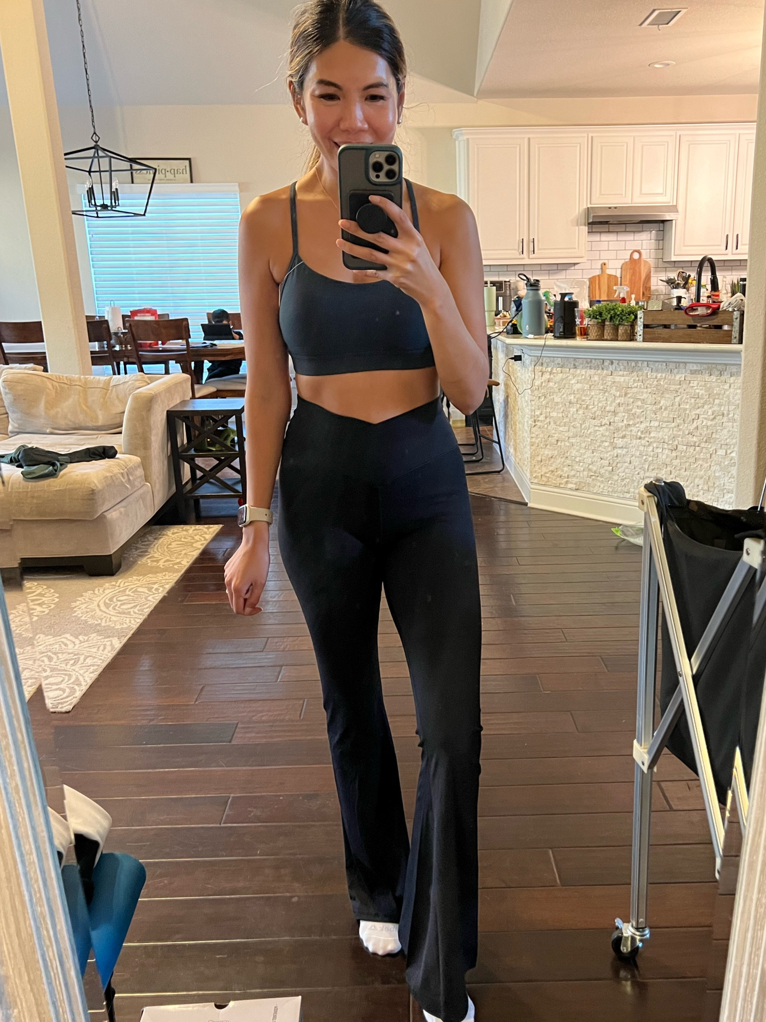flare crossover leggings - size small 32” inseam (you can choose 30, 32, or 34) - I’m 5’4” but with a short torso & longer legs so hopefully that helps with sizing 

Dark green butterluxe sports bra - size small - quality is amazing - very similar to Lululemon 
