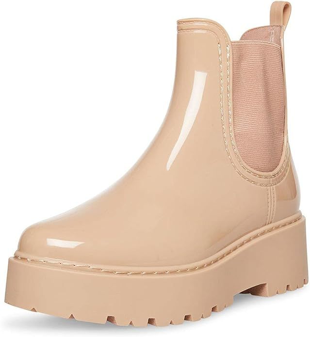 Amazon.com | Womens Platform Rain Boots Patent Leather Chelsea Boots Waterproof Slip on Booties R... | Amazon (US)
