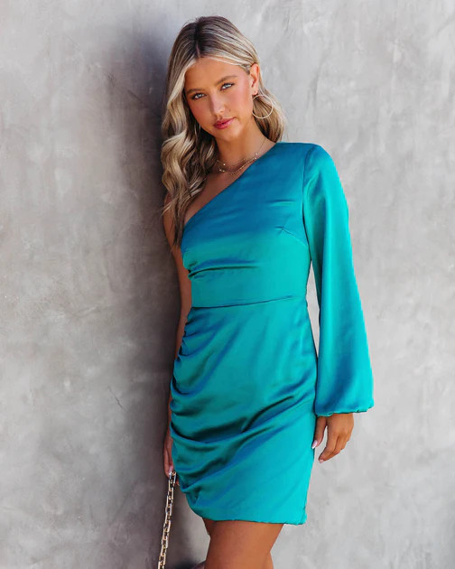 Venus Satin One Shoulder Mini Dress - Teal - FINAL SALE | VICI