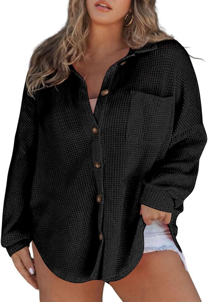 Eytino Womens Plus Size Boyfriend Shirts Casual Long Sleeve Button Down Oversized Waffle Knit Sha... | Amazon (US)