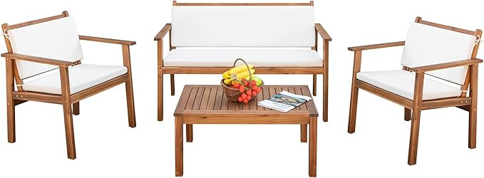 Patio Furniture 4 Piece Acacia Wood Outdoor Conversation Sofa Set with Table & Cushions Porch Cha... | Amazon (US)