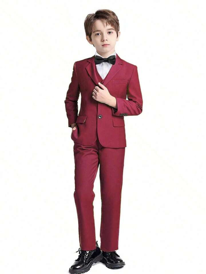 2pcs Back To School Tween Boy Suit Set Includes Suit Pants & Wine Red Jacket For Wedding & Formal... | SHEIN