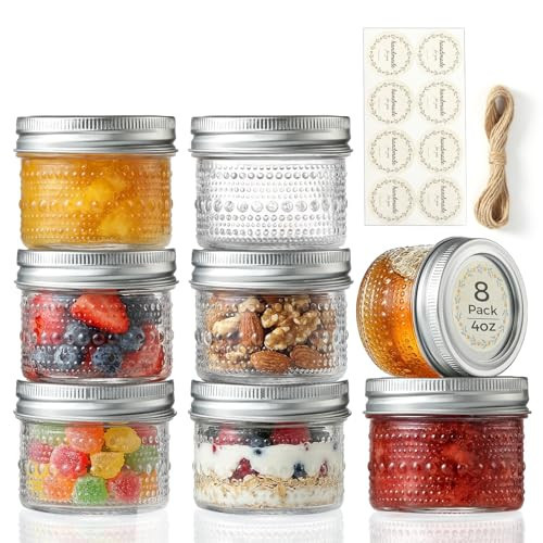 8 Pack Small Glass Jars with Lids - 4oz Vintage Embossed Mini Mason Jars ,Regular Mouth Mason Canning Jar with Seal Bands for Jam, Honey, Jelly, Dessert, Spice, Wedding Favors, DIY Candles Decor | Amazon (US)