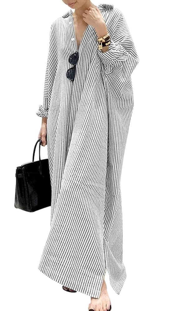 chouyatou Women's Casual Long Sleeve Button Down Loose Striped Cotton Maxi Shirt Dress | Amazon (US)