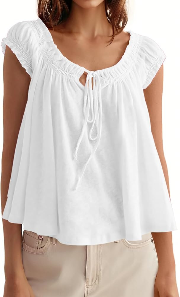 Tankaneo Women Summer Tie Front Tank Tops Cap Sleeve Babydoll Flowy Tops | Amazon (US)
