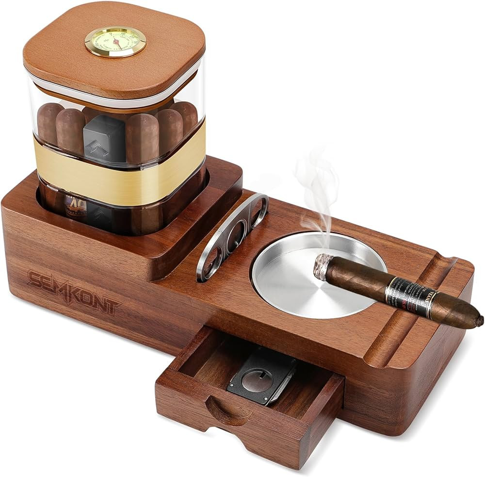 SEMKONT Cigar Humidor and Cigar Ashtray Set,Wooden Ashtray with Cigar Jar Tray, Cigar Cutter Hold... | Amazon (US)
