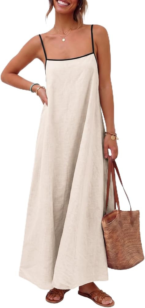 ELLEVEN Women's Loose Summer Backless Maxi Dress - Adjustable Spaghetti Strap Sundress with Pocke... | Amazon (US)