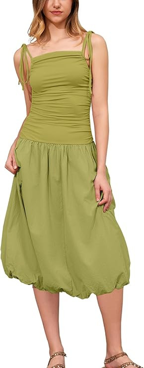 Women Sleeveless Summer Dress Square Neck Ruched Midi Dress Bubble Hem Adjustable Straps Vacation... | Amazon (US)
