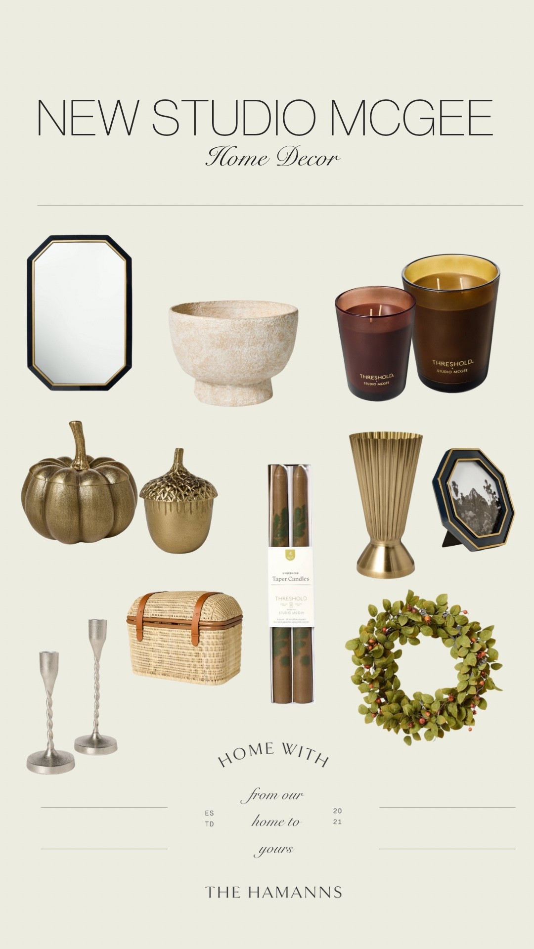 Studio McGees new fall line at target that released at 2AM June 16th! Here are some of the decor pieces being launched! 

Black beveled mirror, target, home decor, fall collection, fall decor, wreath, candlestick holders, black hexagon picture frame, brass fluted vase, brass pumpkin, brass scorn, burgundy candle, woven chest, decor bowl

#LTKStyleTip #LTKHome #LTKSeasonal