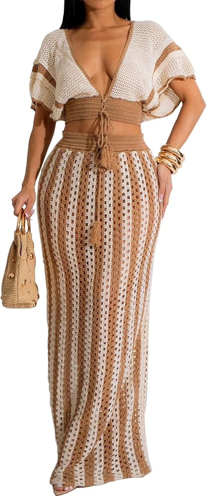 Angsuttc Skirt Sets Women 2 Piece Outfits Crochet Crop Tops and Striped Maxi Skirt Vacation Outfi... | Amazon (US)