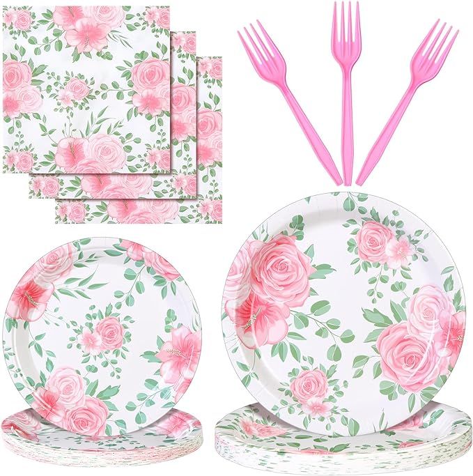 Blulu 96 Pcs Floral Party Supplies Rose Paper Plates Napkins and Forks Disposable Pink Mother's D... | Amazon (US)