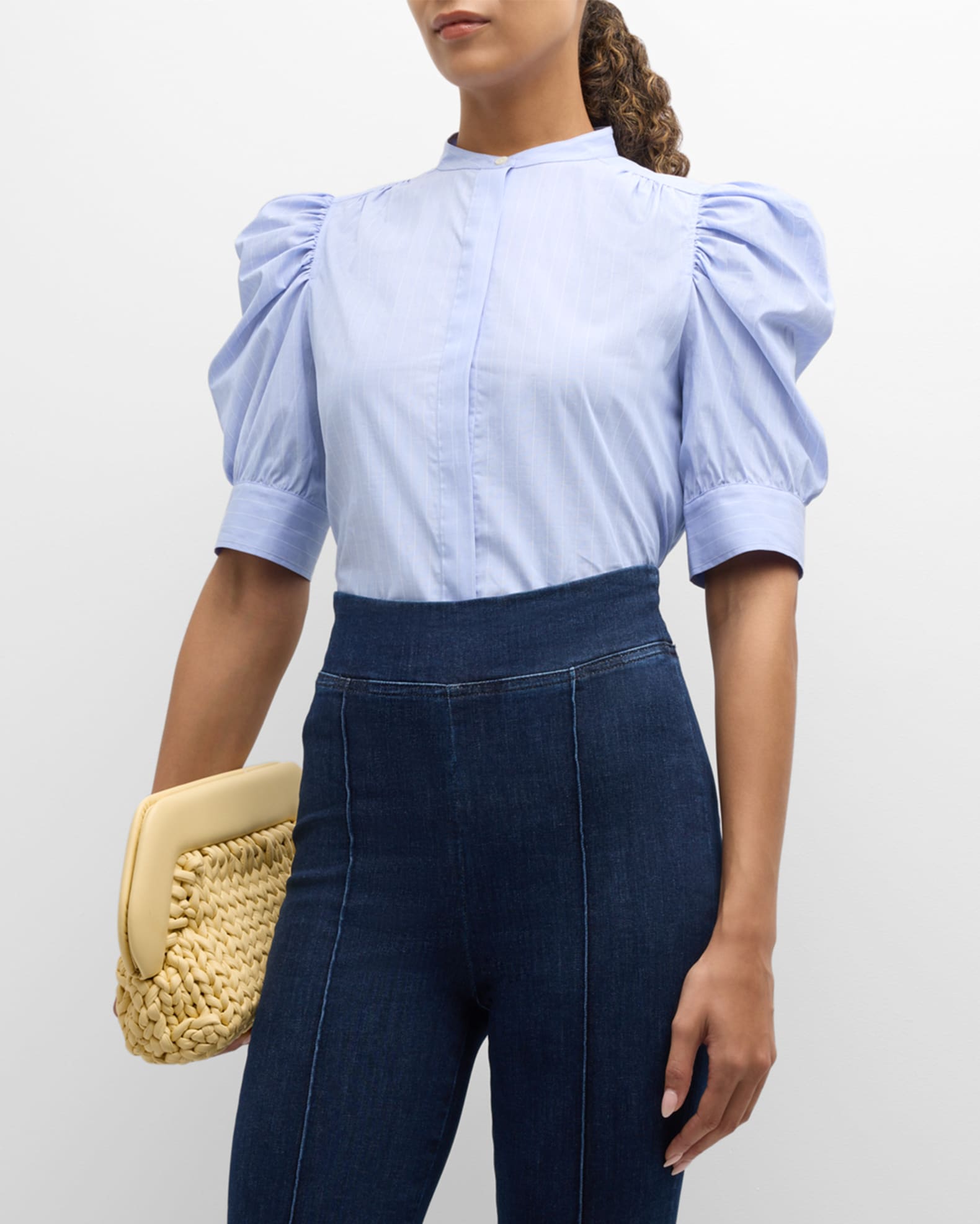 Pinstripe Ruched Puff-Sleeve Shirt | Neiman Marcus