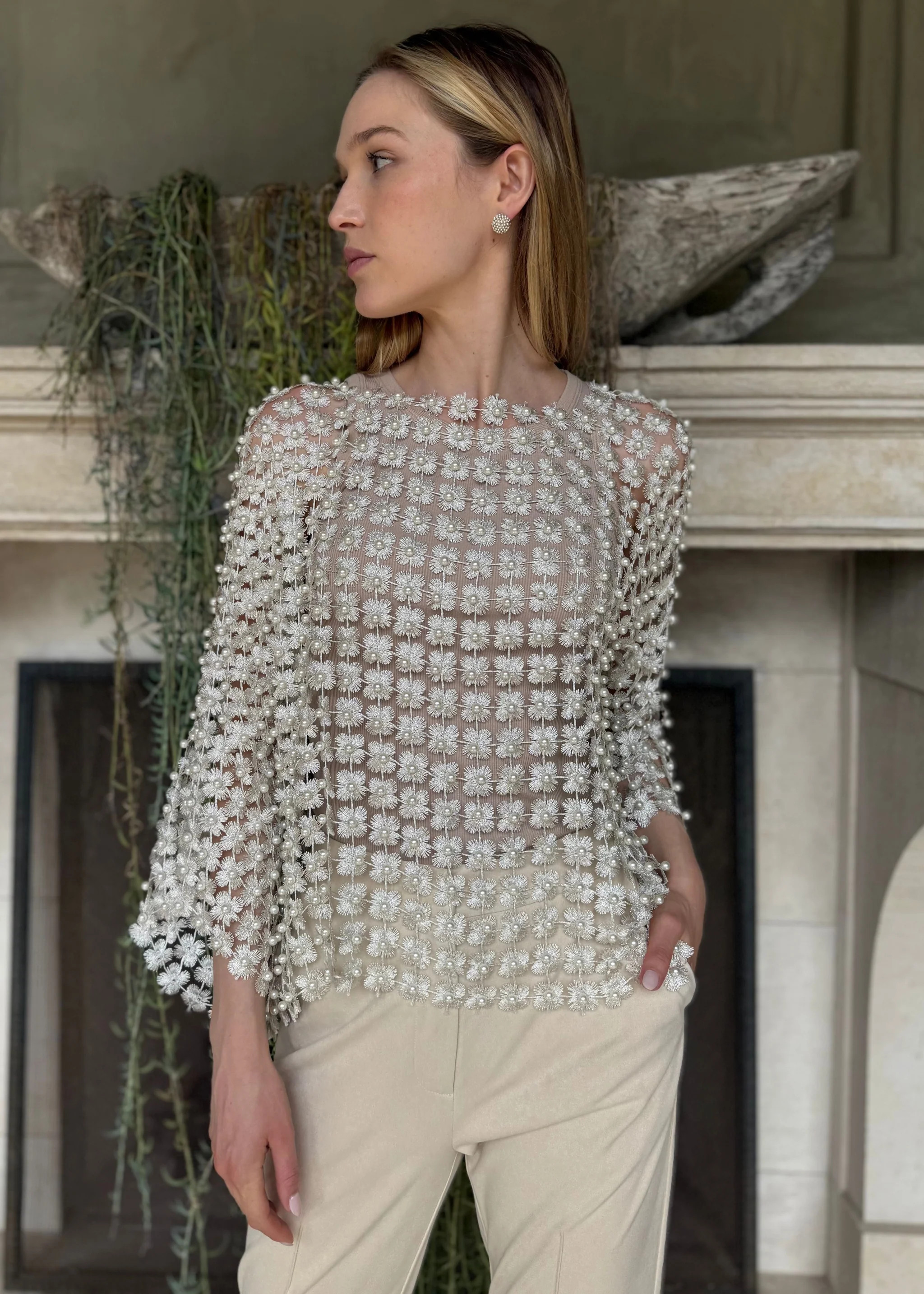 Jade Long Sleeve Floral Pearl Top - Light Silver | Benaar La