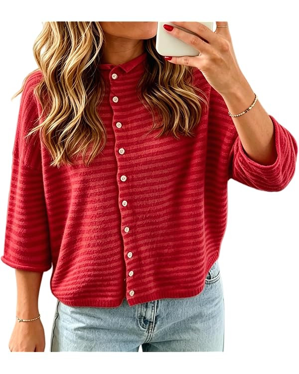 Women's 3/4 Sleeve Cardigans Striped Crewneck Button Down Knitted T-Shirt Spring Summer Casual Sw... | Amazon (US)