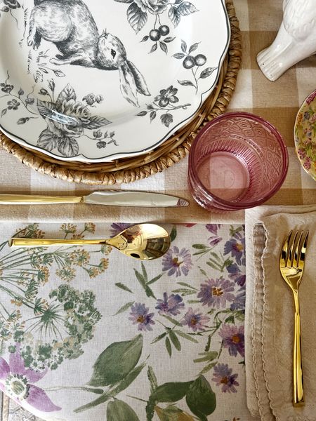My Spring Easter table! This beautiful flatware was a gift from my daughter and I absolutely love it and use it often. The pink rose colored glasses are perfect for a brunch. Dinner plates and table cloth are from Home Goods  

#LTKhome #LTKSeasonal #LTKfamily
