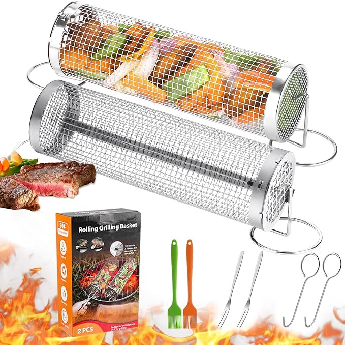 2 Pcs Stainless Steel Grill Mesh, Rolling Grill Baskets for Outdoor Grill, Grill Accessories for ... | Amazon (US)