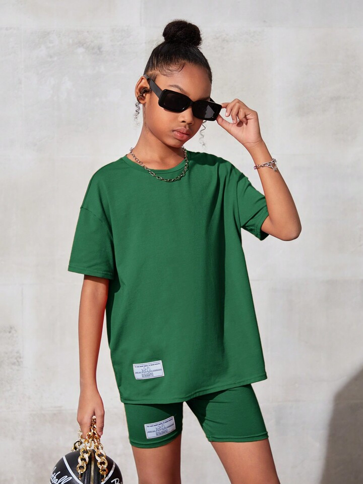 SHEIN Tween Girl Knit Solid Color Round Neck Alphabet Print Loose Casual T-Shirt And Knit Combina... | SHEIN