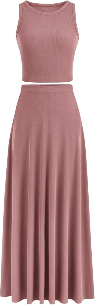 PRETTYGARDEN Women's 2 Piece Maxi Skirt Sets Casual Summer Knit Cropped Tank Top High Waisted Lon... | Amazon (US)