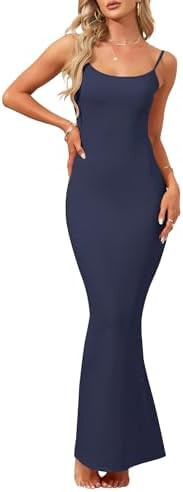 WNEEDU Womens Slip Maxi Dress Sexy Ribbed Bodycon Dresses Square Neck Sleeveless Long Dress, Navy... | Amazon (CA)
