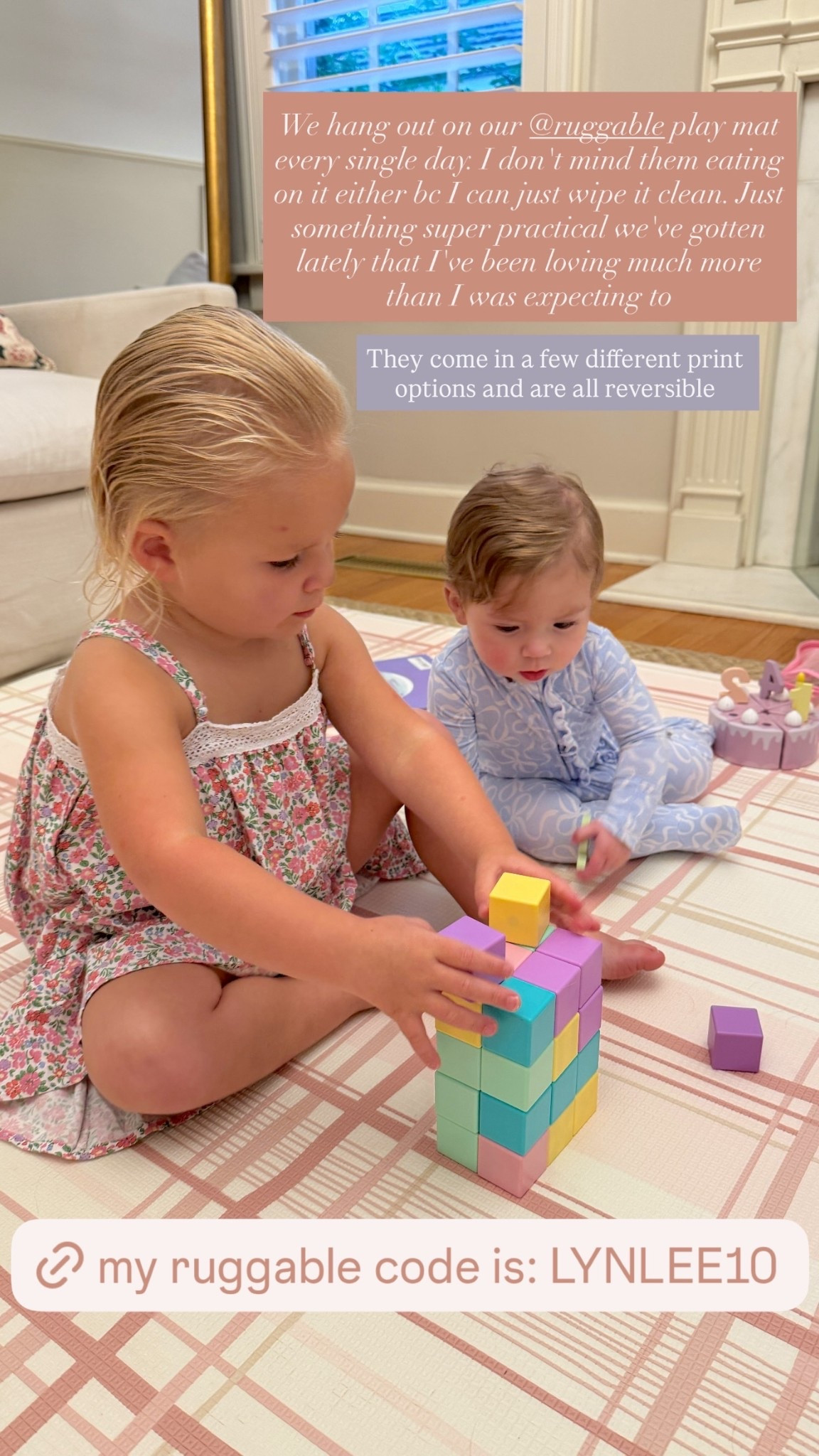 We hang out on our @ruggable play mat every single day. I don't mind them eating on it either bc I can just wipe it clean. Just something super practical we've gotten lately that I've been loving much more than I was expecting to They come in a few different print options and are all reversible