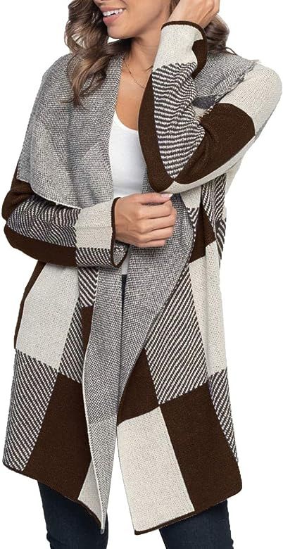 Womens Plaid Long Sleeve Lapel Collar Drape Knit Cardigan Open Front Sweater Coats | Amazon (US)